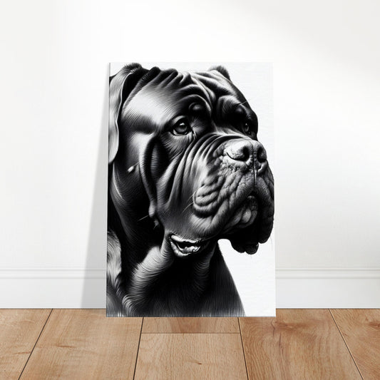 Black and white sketch of a Cane Corso dog showing strong features and a noble, attentive expression.
