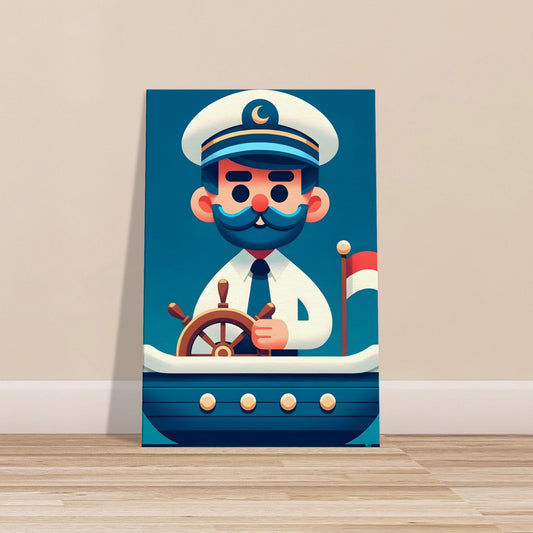 Minimalist cartoon captain named Captain Wave in white and navy uniform holding a ship’s wheel on a solid background.