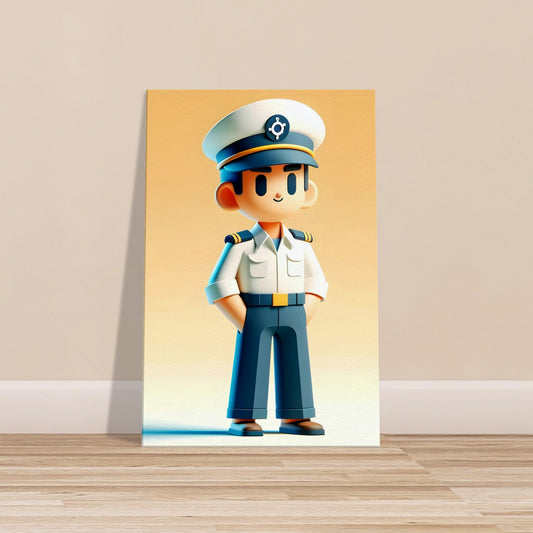 Minimalist cartoon Captain Wave in white and navy uniform with captain’s hat, gazing confidently against a solid background.