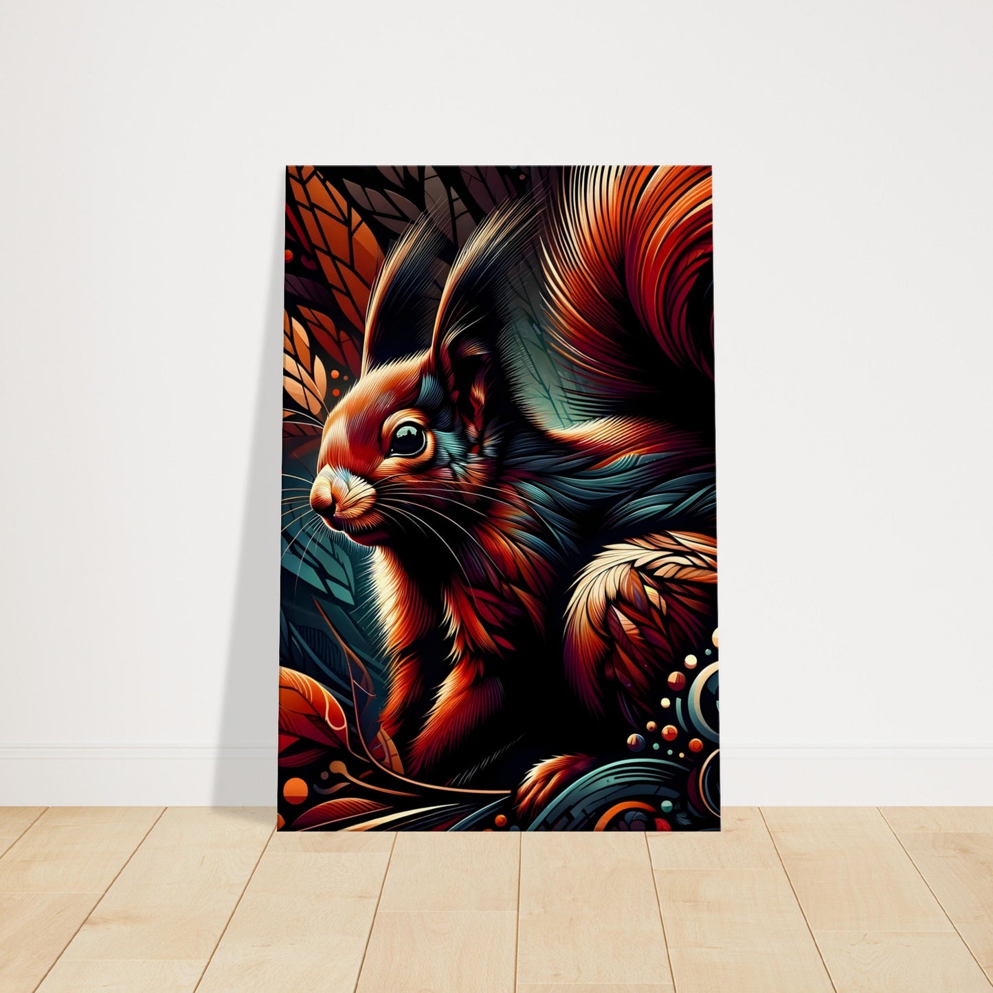 Pop art style canvas print of a bold squirrel with vibrant red and orange hues and strong outlines.