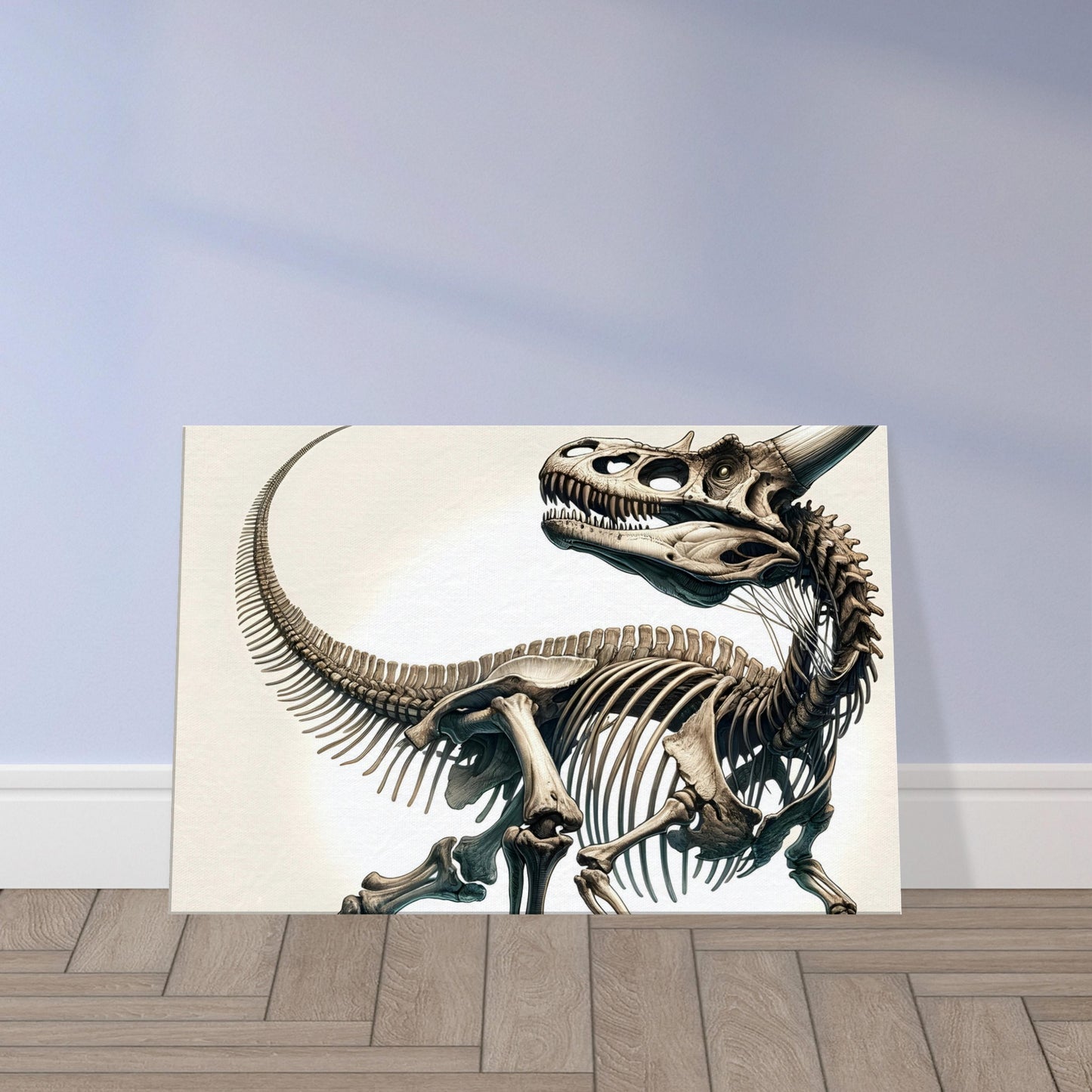 Illustration of a Carnotaurus skeleton featuring a short snout, large eye horns, and a lightweight, agile frame.