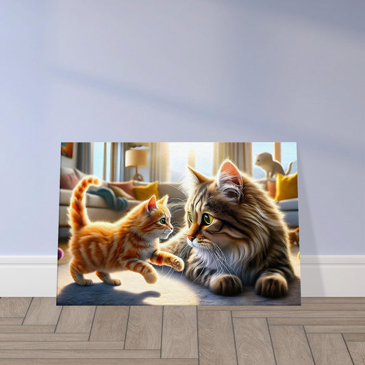 Orange kitten reaching toward a long-haired adult cat in a sunlit room, depicting a moment of feline companionship.