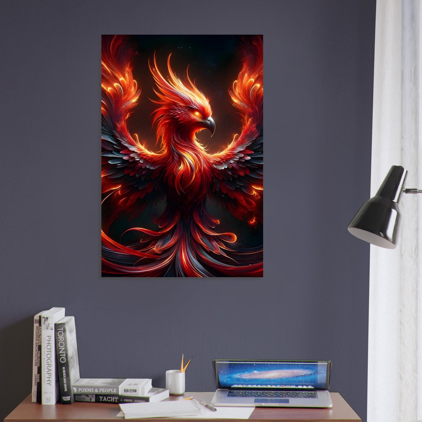 Metal poster of a fiery Phoenix with glowing red-orange feathers and luminous eyes, set against a cosmic space background with stars and nebulae.
