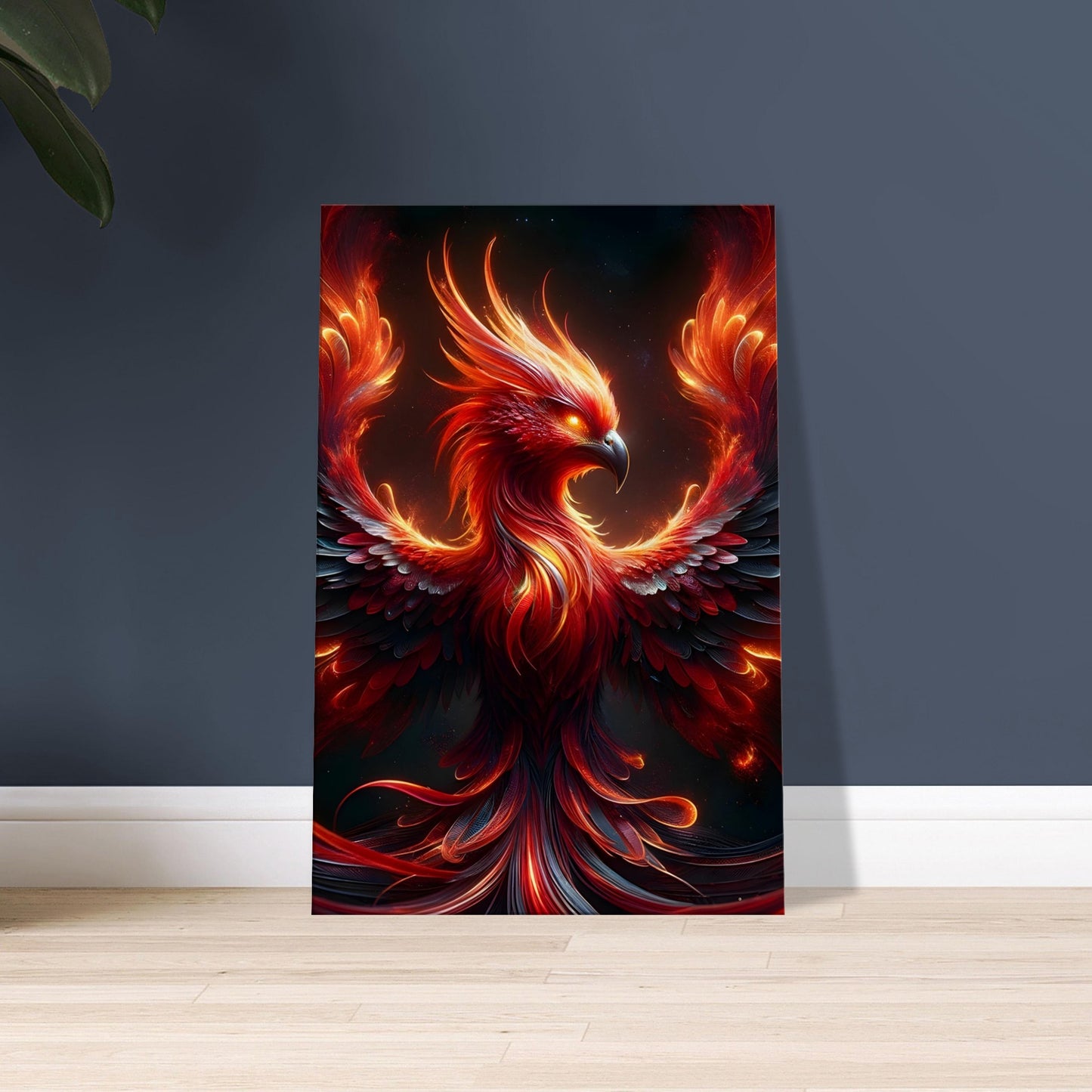 Mythical artwork of a fiery Phoenix with glowing eyes and outstretched wings against a starry cosmic background.