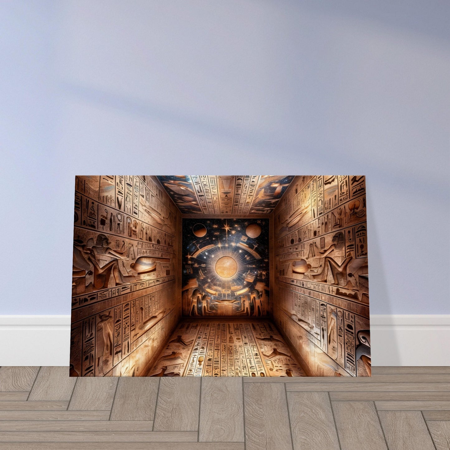 Ancient Egyptian tomb ceiling with hieroglyphs, stars, and a sun boat depicting the spiritual journey to the afterlife.