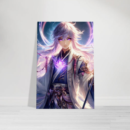 Anime mage with silver-pink hair and glowing staff standing in a twilight forest surrounded by glowing plants.