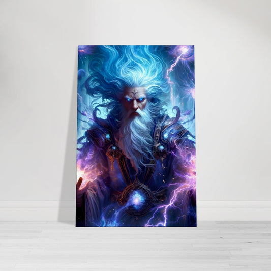 Anime sage with glowing multicolored hair and cosmic robes, wielding a lightning-charged staff, set against a star-filled celestial background with lightning and planets.