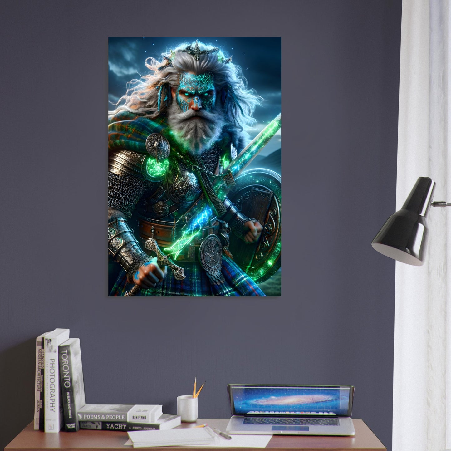 A Celtic warrior in chainmail and plaid kilt with glowing green and blue war paint stands in a misty highland landscape at dawn.