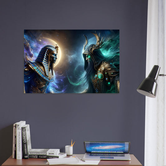 An Egyptian charioteer in gold and blue armor faces a Celtic druid in green and purple robes on a mystical battlefield.