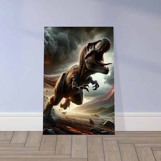 Wall art of a predator dinosaur in mid-chase with erupting volcanoes and storm clouds in a dramatic prehistoric landscape.