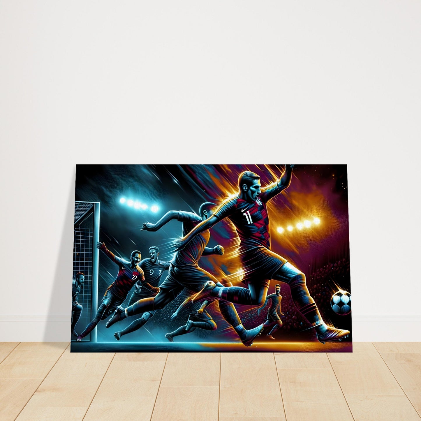 Canvas print of football players chasing the ball with dynamic motion and vivid colors under stadium lights.