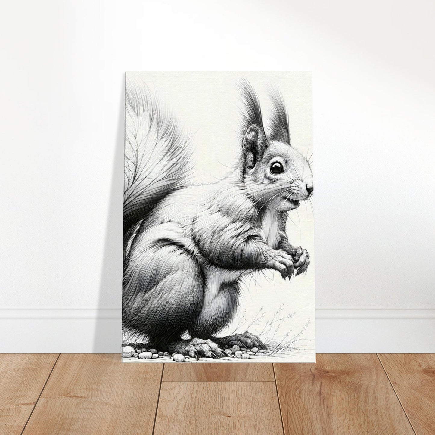 Canvas print of a detailed pencil sketch featuring a playful squirrel on a tree branch.