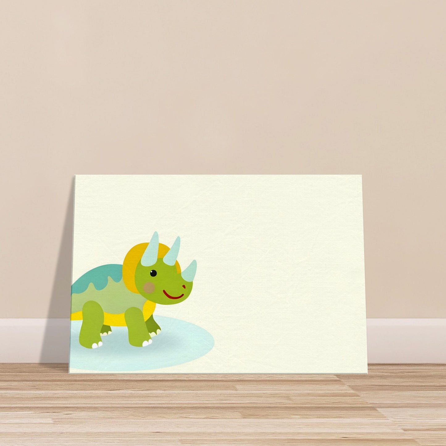 Cartoon-style bright and cheerful Cheeky Triceratops with a joyful expression on a plain background.
