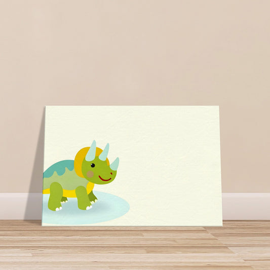 Cartoon-style bright and cheerful Cheeky Triceratops with a joyful expression on a plain background.