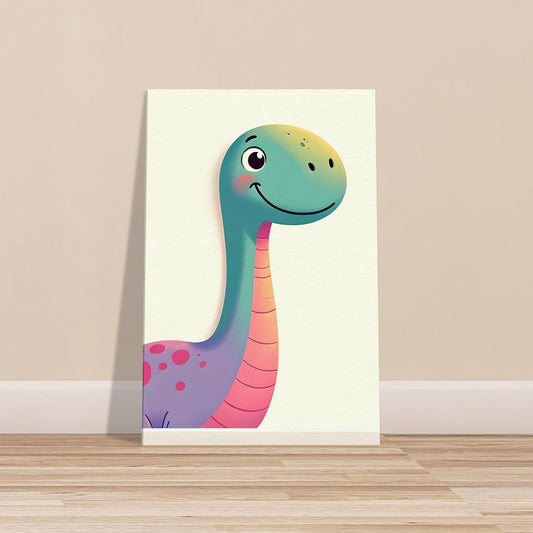 Cartoon-style brightly colored Apatosaurus with a cheerful smile and long neck.
