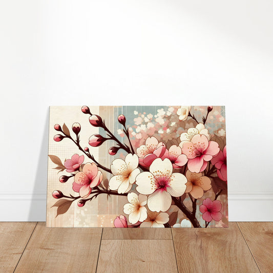 Pop art cherry blossom tree with soft pink and white petals on light green branches against a spring-themed abstract background.