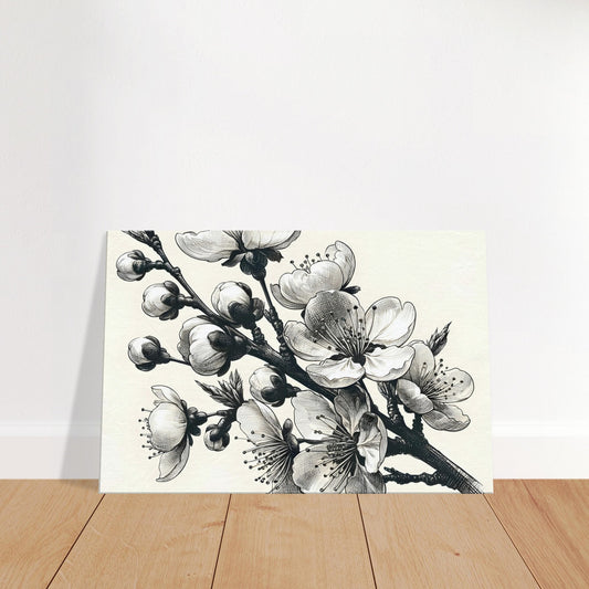 Minimalist pencil sketch of a cherry blossom branch with delicate flowers and slender twigs on a blank background