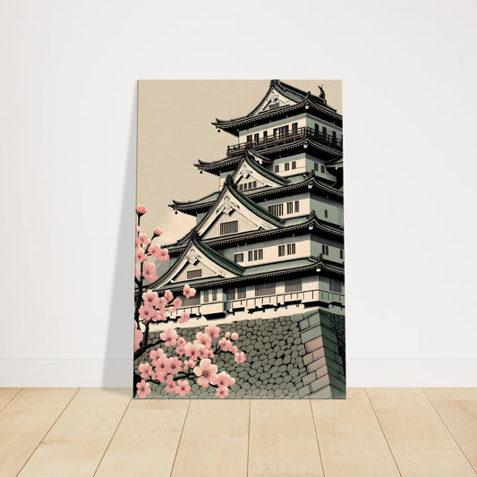 Japanese feudal castle surrounded by blooming cherry blossom trees in soft pink and green tones under a tranquil sky.
