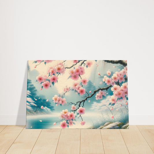 Cherry blossom branches in full bloom over a calm river with soft pink petals reflected in blue and green water.