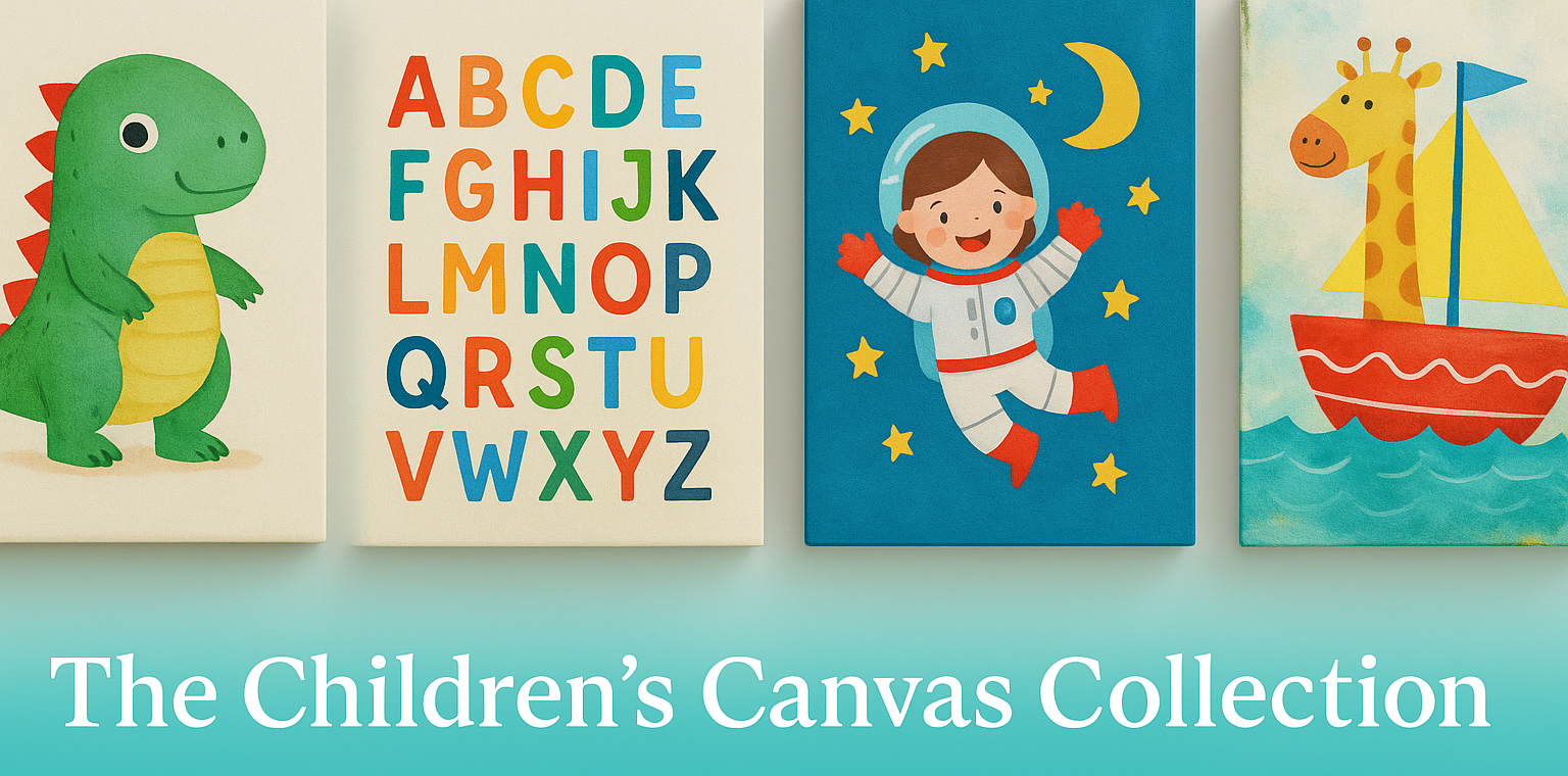 Children’s canvas wall art collection banner featuring a green dinosaur, colorful alphabet print, smiling girl astronaut, and sailing giraffe, with a turquoise gradient background and promotional text offering 10% off.