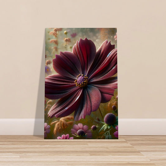 Chocolate cosmos flower with deep burgundy petals in a lush garden or sunlit meadow setting