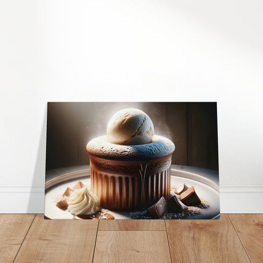 Canvas art depicting a chocolate soufflé with molten center and vanilla bean ice cream scoop.