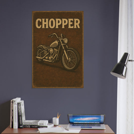 Detailed illustration of a vintage chopper motorcycle with distressed texture – metal wall art for bike lovers.