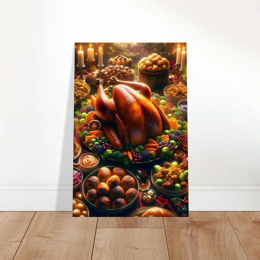 Canvas wall art depicting a roasted turkey with traditional Christmas sides and festive decorations.