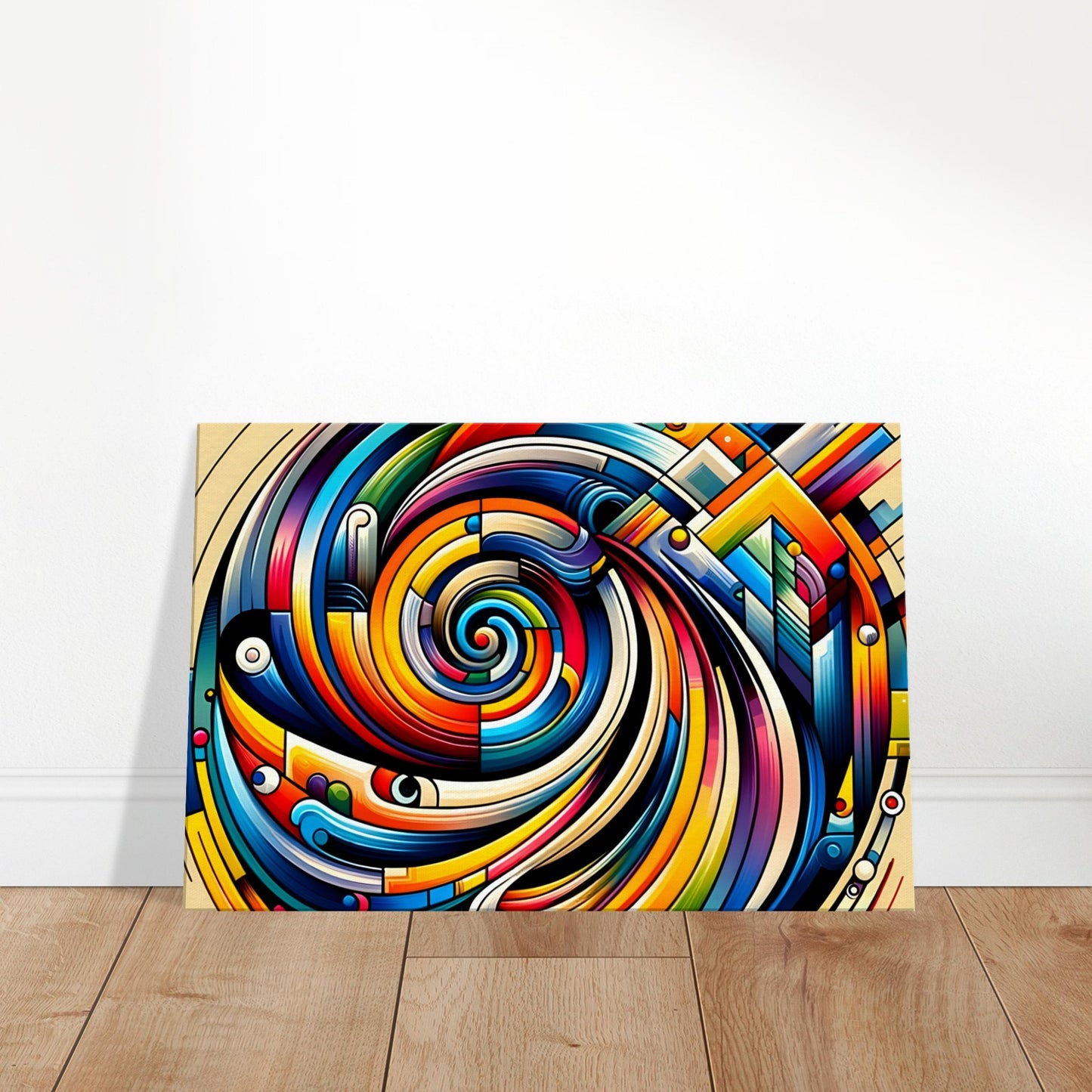 Abstract canvas featuring a circular whirl of bold, blended colours with geometric lines adding structure and motion.