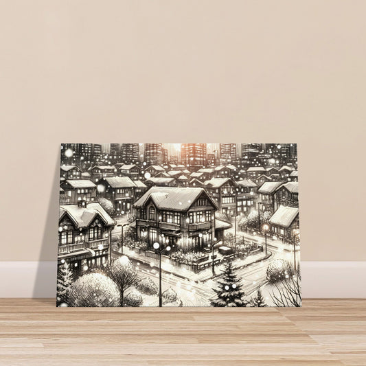 Sketch of a snowy cityscape at dusk with softly falling snow and illuminated buildings