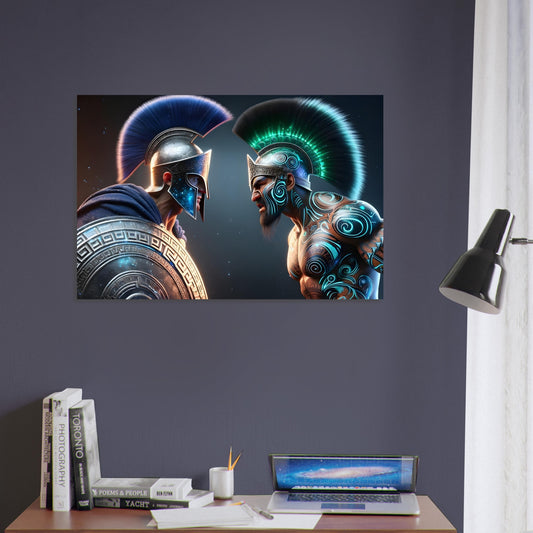 A Greek Hoplite and Maori warrior in glowing traditional attire face each other in a dramatic, shadowed battlefield scene.