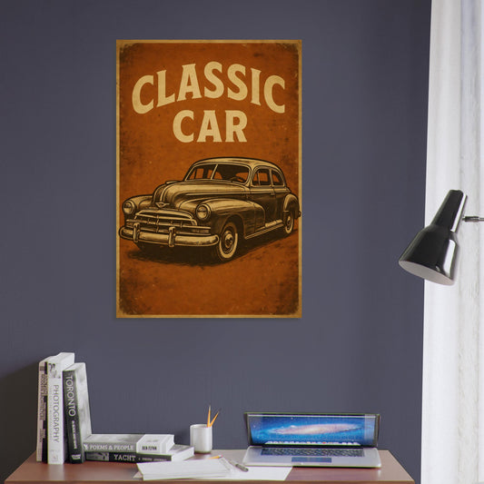 Vintage American classic car with retro lettering and distressed background – metal automotive wall art.