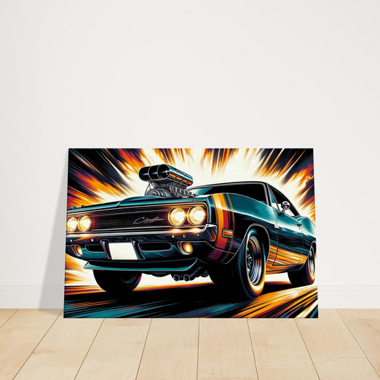 A classic muscle car with a supercharger bursts forward, trailing flames, representing vintage speed and high-performance design.