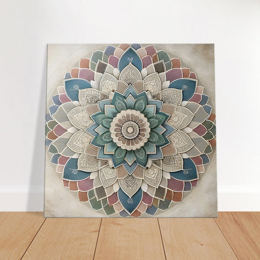 Mandala artwork featuring intricate patterns on a neutral background with bold accents of red, turquoise, and yellow.