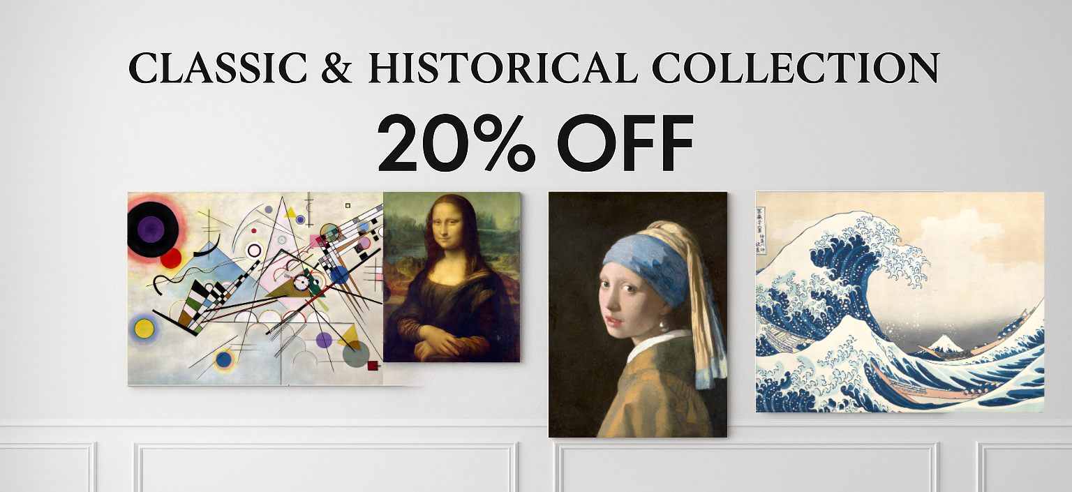 Promotional banner for a classic and historical collection with art prints and a discount offer.