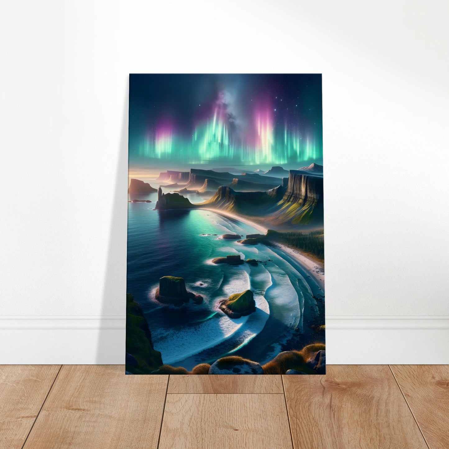 Aurora borealis in vibrant colors above a rocky coastal landscape with cliffs, beach, and tranquil water.