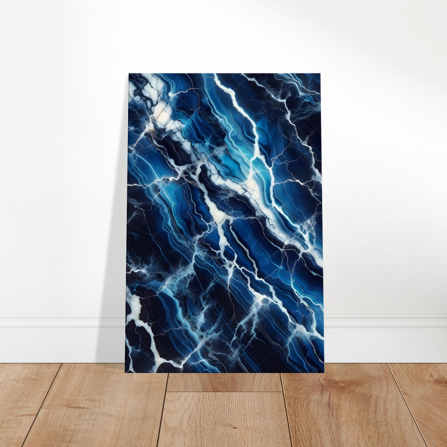 Cobalt blue marble wall art with silver and electric blue veining and a polished finish for dramatic visual impact.