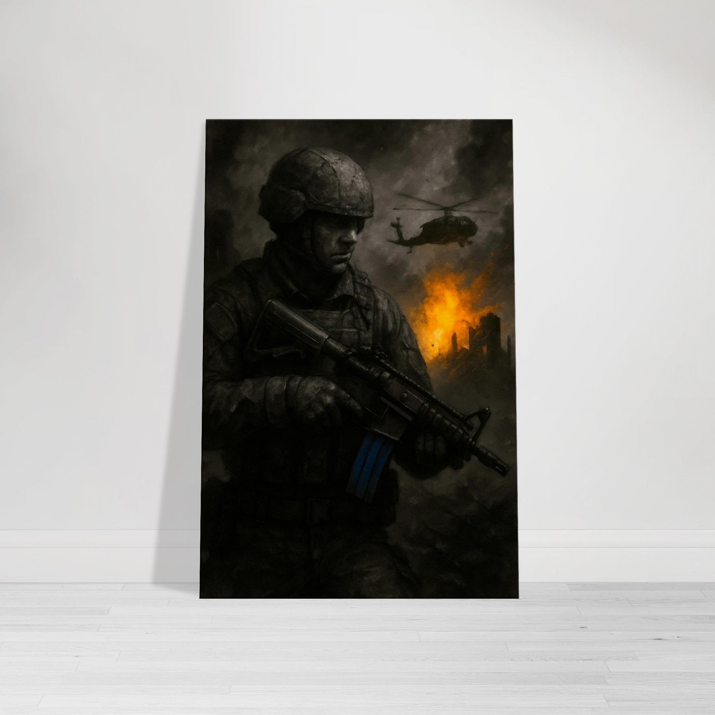 Cinematic military wall art featuring a soldier amid a battlefield inferno with helicopter overhead. Gritty, high-impact design for tactical-themed spaces.