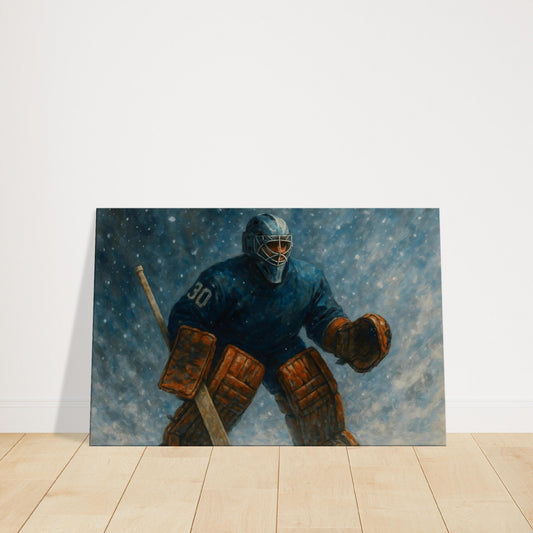 Monochrome artwork of a hockey player with red gloves and puck as the only colour.