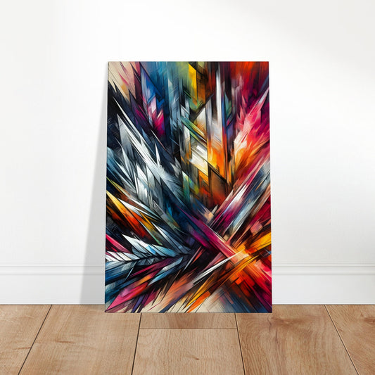 Abstract painting featuring sharp, jagged lines and a vivid multicolour palette in a chaotic composition.