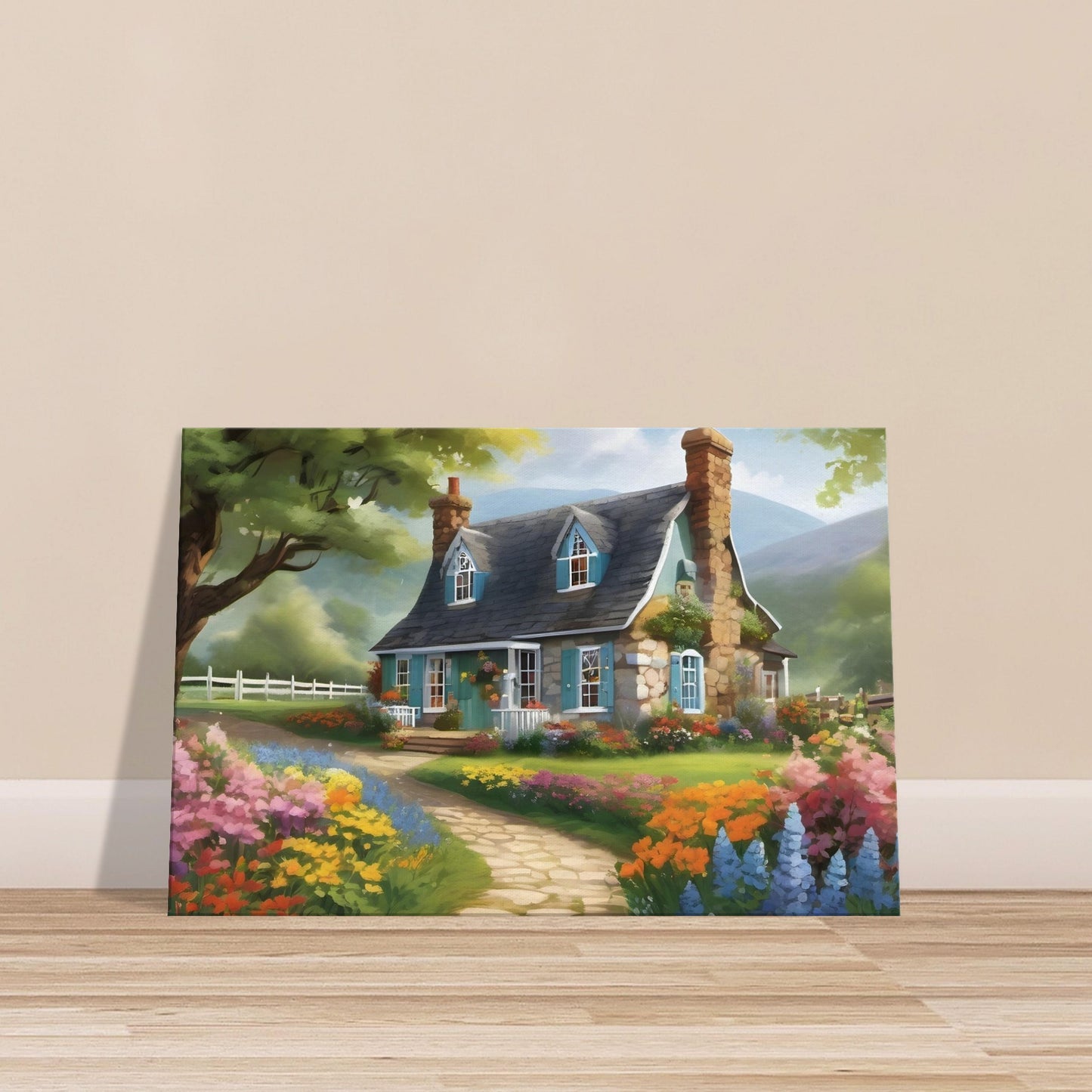 Charming blue country cottage with stone path, vibrant garden flowers, and rolling hills under a clear sky.