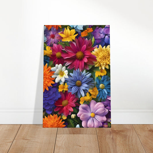 Canvas print depicting a vibrant assortment of colorful flowers in a lush garden setting.