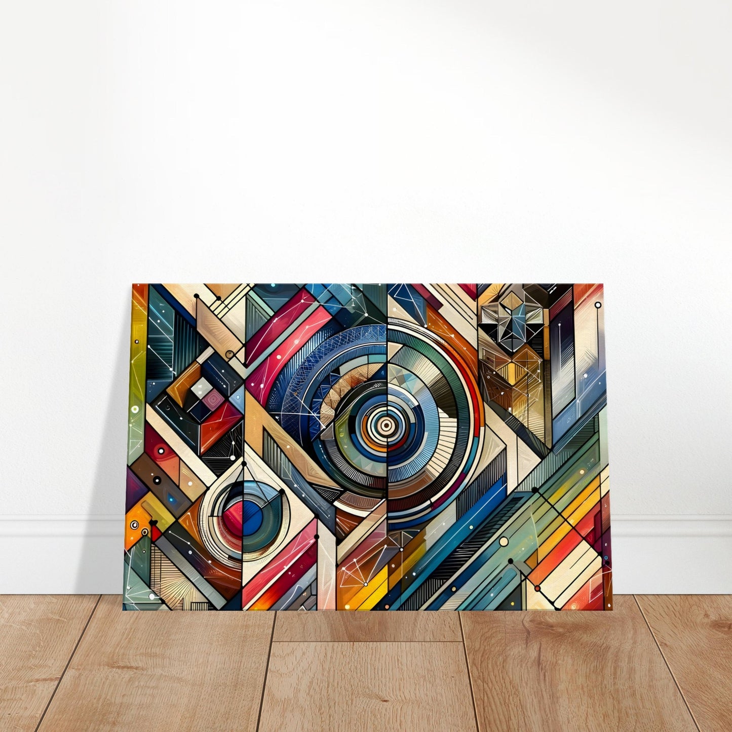 Abstract artwork featuring intersecting lines, polygons, and circles in a colourful geometric composition.