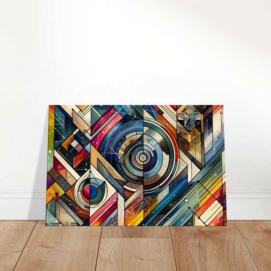 Abstract artwork featuring intersecting lines, polygons, and circles in a colourful geometric composition.