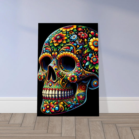 Colorful Día de los Muertos skull artwork with vibrant floral designs on a dark background symbolizing Mexican cultural heritage.