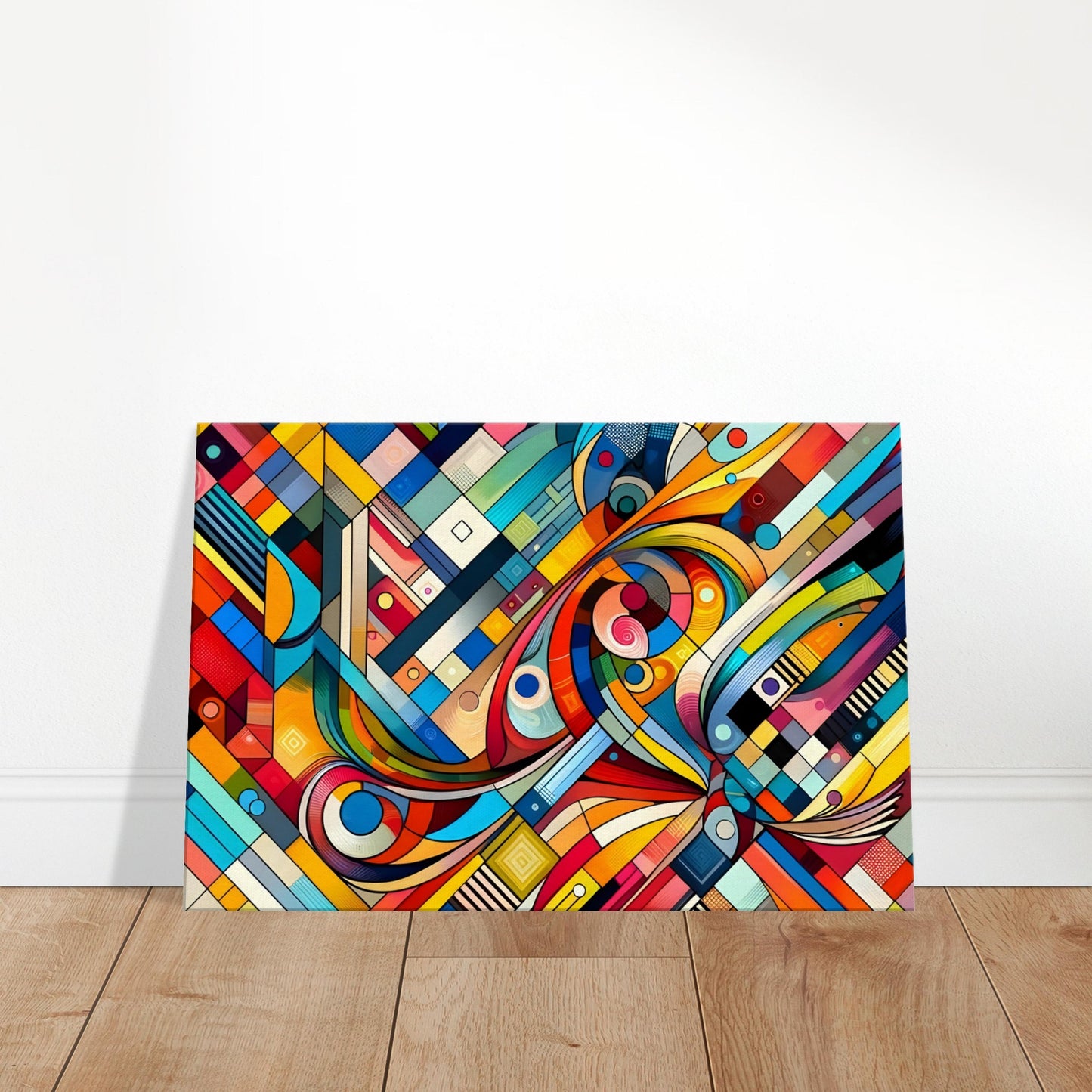 Abstract mosaic-style canvas featuring bold, saturated colours and overlapping geometric shapes in a vibrant composition.