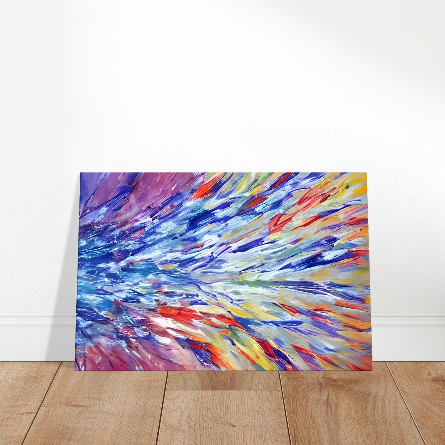 Abstract canvas with vivid splashes and bold brushstrokes in warm and cool tones, conveying energy and movement.