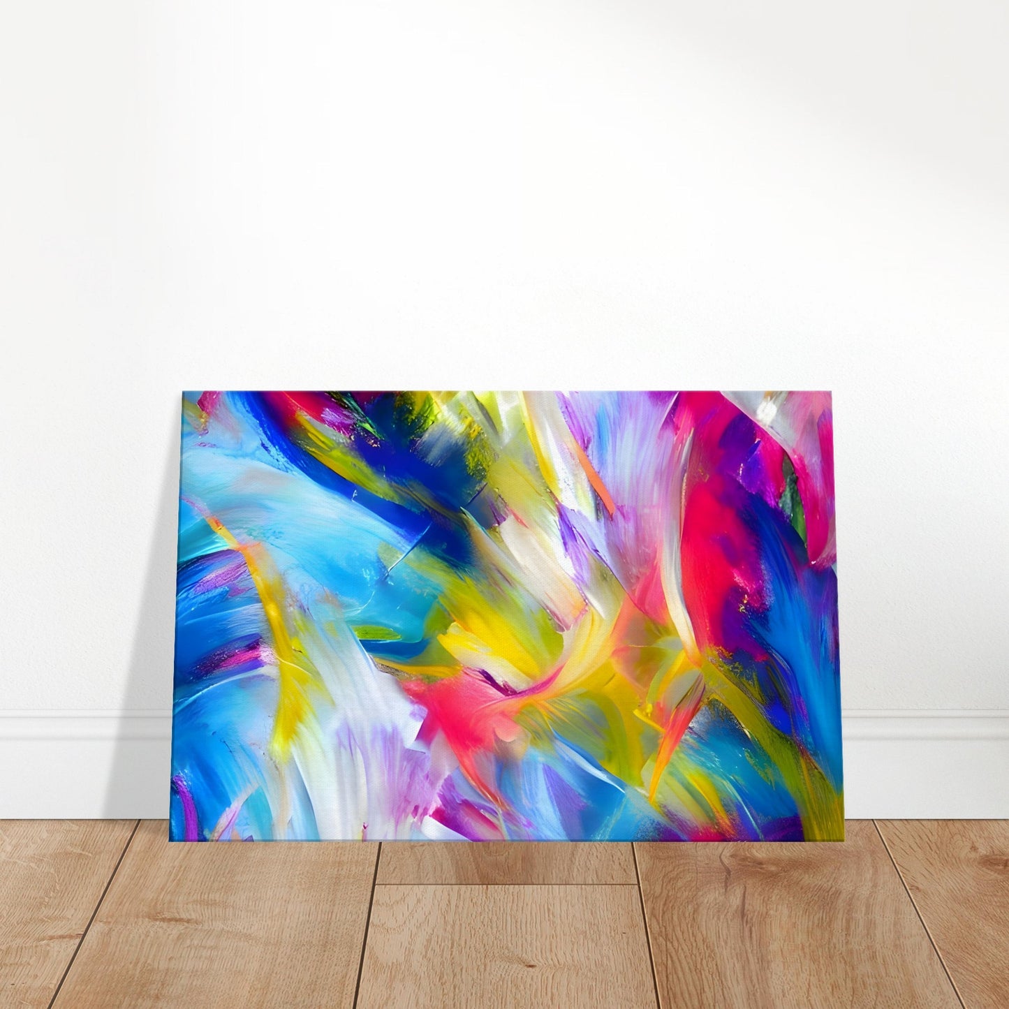 Abstract wall art with sweeping, multicoloured brush strokes creating a sense of movement and expressive rhythm.