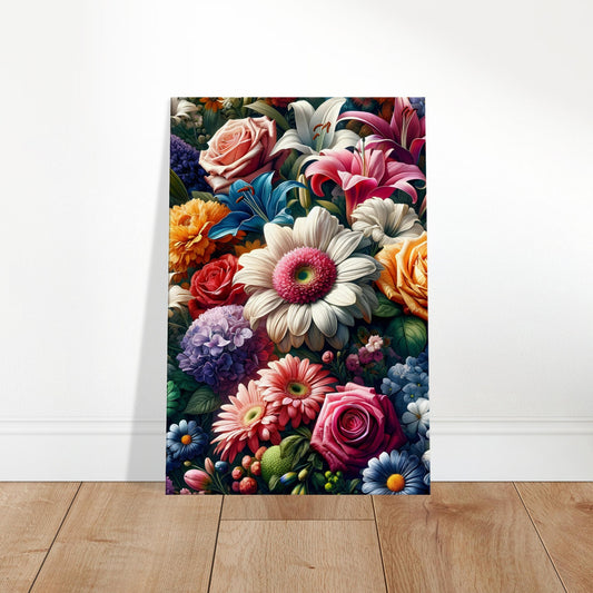 Floral wall art featuring a vibrant mix of roses, daisies, lilies, and other flowers in a variety of rich, saturated colors.