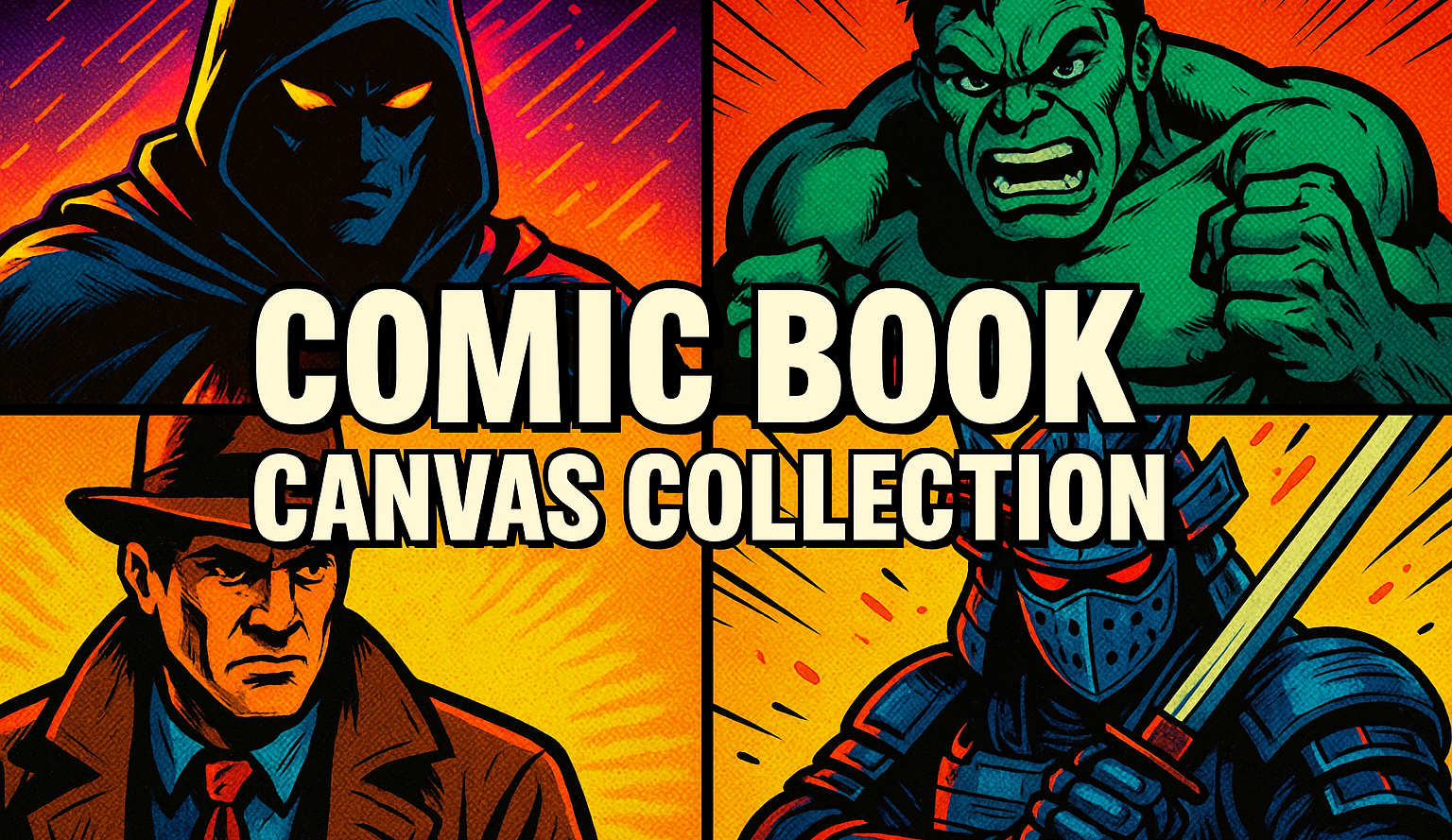 Comic book canvas collection featuring four characters with dynamic backgrounds.